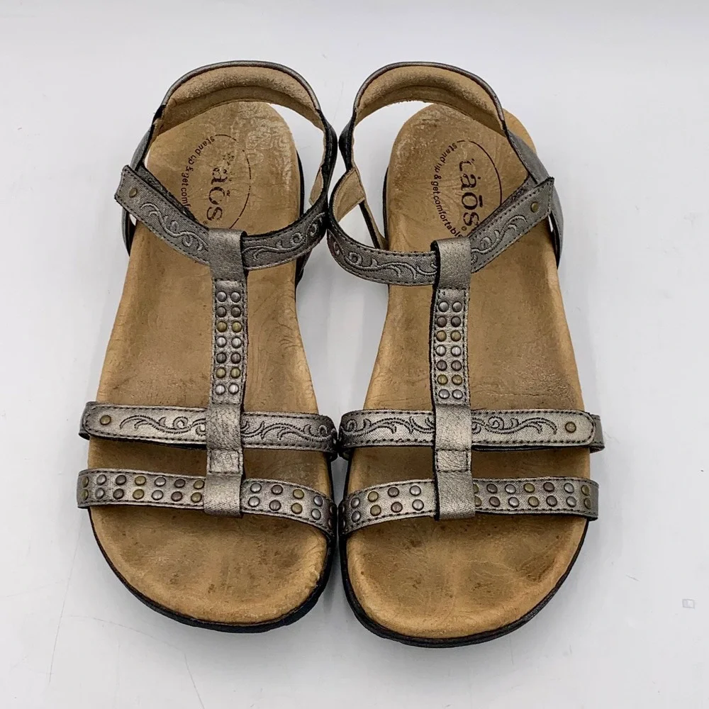 Taos Award Sandal Silver Pewter Leather Studded Women 7 Comfort Arch Support - Picture 10 of 11